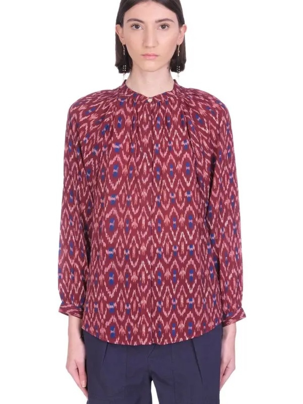 Printed Long-Sleeve Blouse in Burgundy with Blue Accents